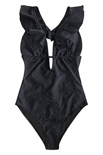 CUPSHE Women's One Piece Swimsuit Ruffle Deep V Neck Strappy Swimwear Bathing Suits