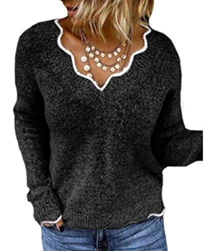 Rungion Womens Long Sleeve V Neck Pullover Sweaters Cute Knitted Winter Oversized Blouse Tops