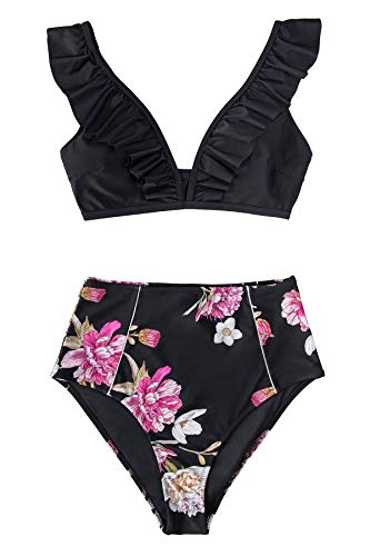 CUPSHE Women's High Waist Bikini Swimsuit Ruffle Floral Print Two Piece Bathing Suit