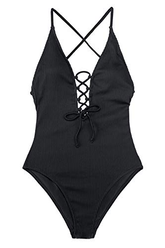 CUPSHE Women's Solid Color V Neck Lace Up One Piece Swimsuit