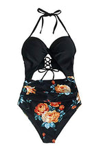 
                        
                          Load image into Gallery viewer, CUPSHE Women's Black Floral Print Halter Cutout High Waist One Piece Swimsuit
                        
                      
