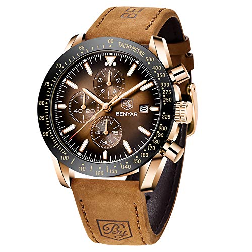 BENYAR Chronograph Mens Watch Quartz Movement 30M Waterproof | Leather Watch Strap