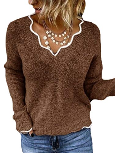 Rungion Womens Long Sleeve V Neck Pullover Sweaters Cute Knitted Winter Oversized Blouse Tops