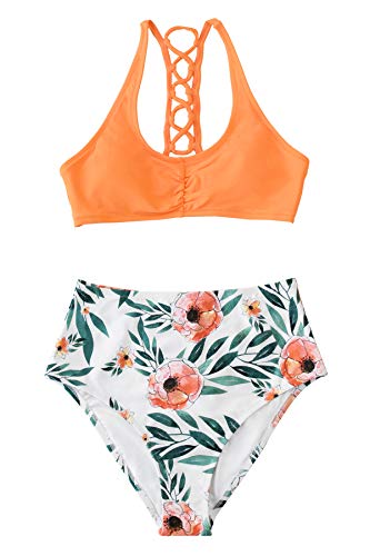 CUPSHE Women's High Waisted Bikini Floral Lace Up Two Piece Swimsuits