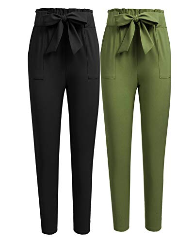 Freeprance Women's Pants Casual Trouser Paper Bag Pants Elastic Waist Slim Pockets