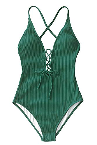 CUPSHE Women's Solid Color V Neck Lace Up One Piece Swimsuit