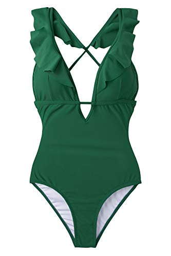 CUPSHE Women's One Piece Swimsuit Ruffle Deep V Neck Strappy Swimwear Bathing Suits