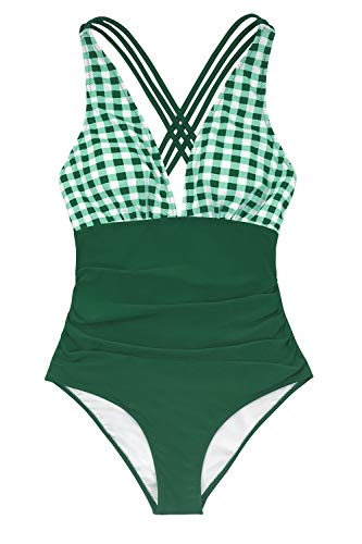CUPSHE Women's One Piece Swimsuit V Neck Tummy Control Cross Back Vintage Swimwear Bathing Suits