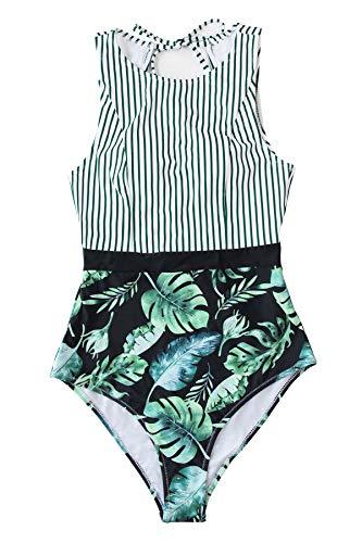 CUPSHE Women's Striped Leafy One Piece Swimsuit
