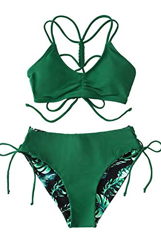 CUPSHE Women's Back Braided Straps Reversible Bottom Strappy Lace Up Bikini Sets