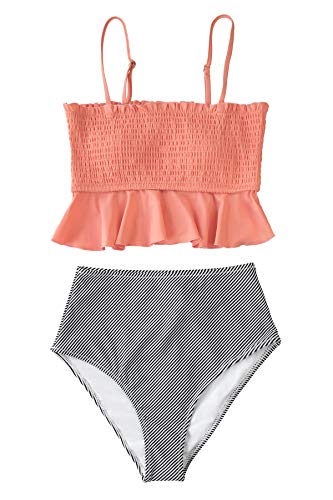 CUPSHE Women's High Waist Bikini Swimsuit Ruffle Smock Floral Print Two Piece Bathing Suit