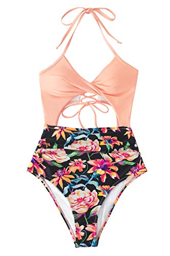 CUPSHE Women's Black Floral Print Halter Cutout High Waist One Piece Swimsuit