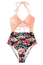 
                        
                          Load image into Gallery viewer, CUPSHE Women's Black Floral Print Halter Cutout High Waist One Piece Swimsuit
                        
                      