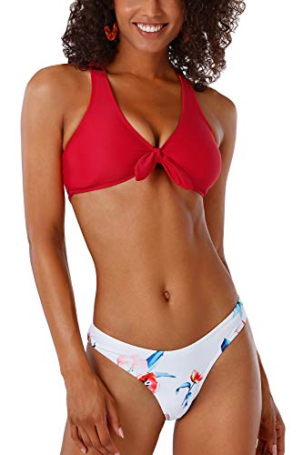 CUPSHE Women's Red Floral Print Knot Adjustable Bikini Sets