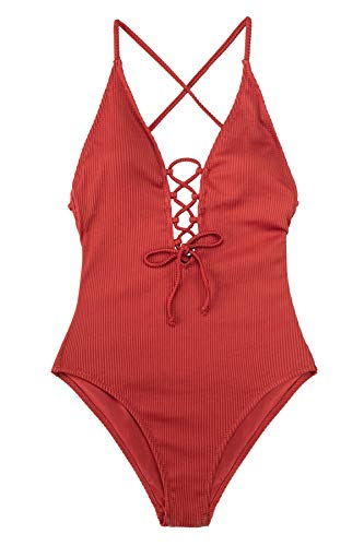 CUPSHE Women's Solid Color V Neck Lace Up One Piece Swimsuit