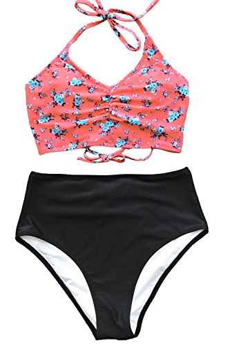 CUPSHE Women’s Bikini Swimsuit Floral Print Halter Lace Up Two Piece Bathing Suit
