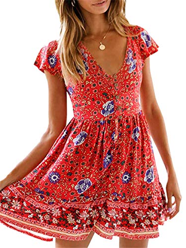 KIRUNDO Women’s  Summer Hot Short Sleeve V-Neck High Waist Floral Print Mini Sun Dress