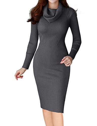 v28 Women Cowl Neck Knit Stretchable Elasticity Long Sleeve Slim Fit Sweater Dress