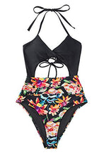 
                        
                          Load image into Gallery viewer, CUPSHE Women's Black Floral Print Halter Cutout High Waist One Piece Swimsuit
                        
                      