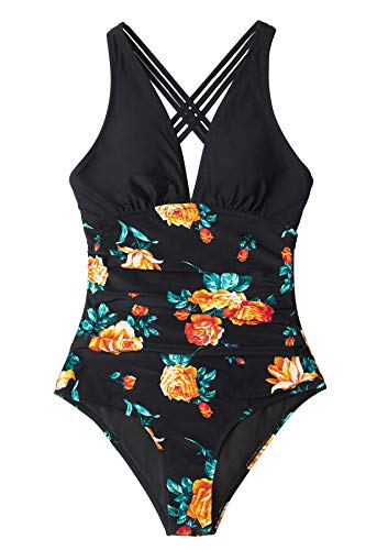 CUPSHE Women's One Piece Swimsuit V Neck Tummy Control Cross Back Vintage Swimwear Bathing Suits