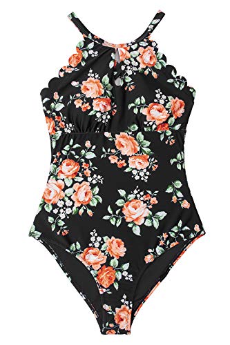 CUPSHE Women's One Piece Swimsuit Floral Print High Neck Scallop Bathing Suit