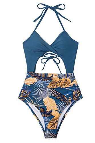 CUPSHE Women's Black Floral Print Halter Cutout High Waist One Piece Swimsuit