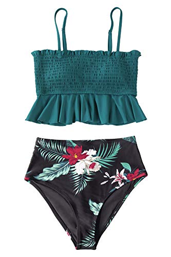 CUPSHE Women's High Waist Bikini Swimsuit Ruffle Smock Floral Print Two Piece Bathing Suit