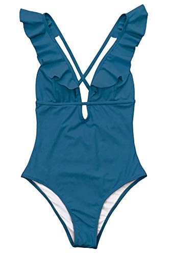 CUPSHE Women's One Piece Swimsuit Ruffle Deep V Neck Strappy Swimwear Bathing Suits